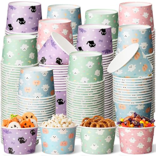 Halloween Disposable Paper Snack Cups - Pastel Ghost & Cat Pattern, 9oz - 100 Pack - Ghost Variation