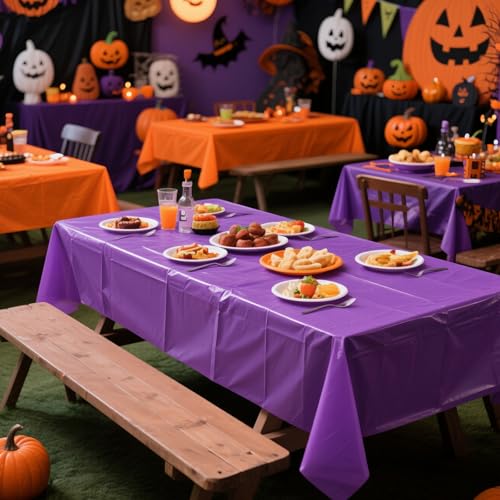 Purple Black Orange Halloween Disposable Tablecloths - 12 Pack, 54 x 108 Inches, Rectangular Plastic Table Covers for Parties