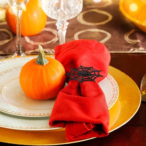 Halloween Black Spider Web Napkin Rings Set of 6 - Metal Table Decor