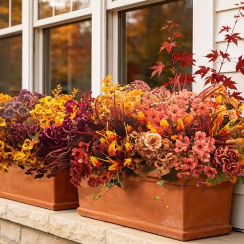 Artificial Fall Flowers Outdoor Decor - UV Resistant Faux Mums - Orange Yellow, 13.5 Inch