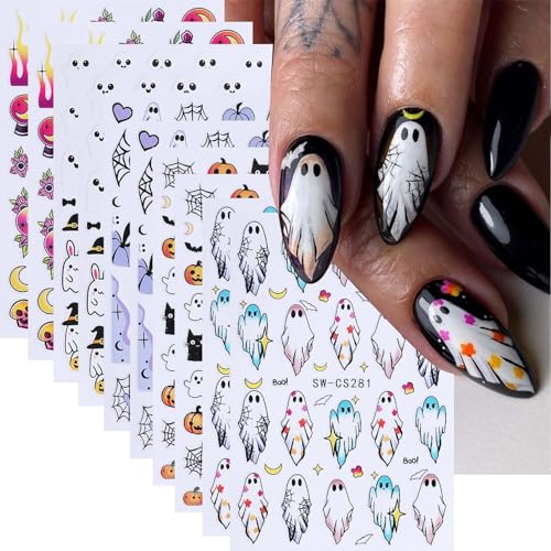 Halloween Nail Stickers Set Little Ghost – 10 Sheets Pumpkin & Ghost Face Decals for DIY Manicure