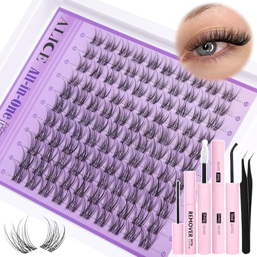 All in One Natural Lash Extensions Kit D45 - Wispy 10-14mm Clusters, Invisible Band, DIY Eyelash Kit