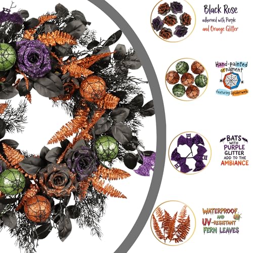22 Inch Halloween Wreath with Glitter Roses Bats & Ornaments for Front Door