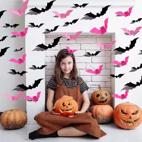 Pink & Black 3D Bat Wall Decor - 48pcs Halloween Wall Stickers - Style 4