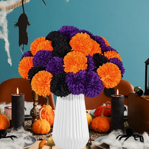 Halloween Artificial Flower Bouquet 36 Pcs Velvet Silk Chrysanthemums in Black Orange Purple with Stems — Halloween Party & Home Decor