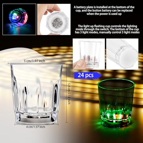 Light Up Shot Glasses Set - 24 Glow in the Dark LED Cups for Parties