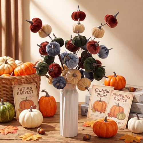 Fall Artificial Pumpkin Picks Set - Warm Color, 3 Bouquets, 15.75 Inches