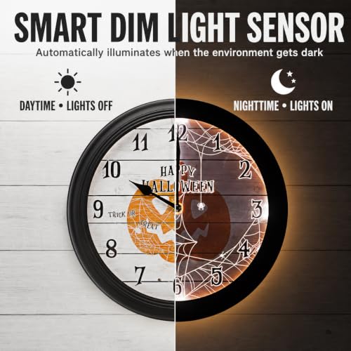 Halloween Pumpkin LED Wall Clock - 12.5 Inch Analog Night Light Decor - Battery Operated, Easy Read for Bedroom & Living Room - Pumpkin Style