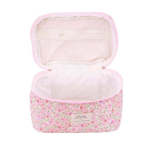 BBIQI Quilted Makeup Bag Set 3 Pcs Cotton Cute Makeup Bags For Women Large Aesthetic Floral Cosmetic Bag Coquette Flower Makeup Pouch