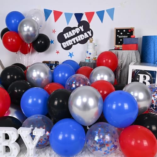 Balloon Set - Red Blue Black 12 Inch Latex Party Balloons with Ribbons - Variation of Black Red Blue