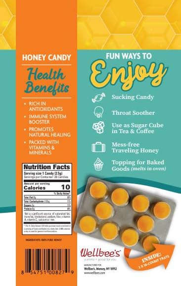 Wellbee's 100% Pure Honey Candy - Natural Cough Drops - Healthy & Paleo Friendly - 20 Pack