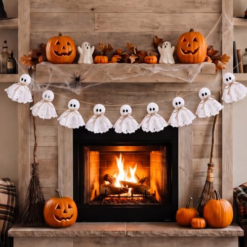 Halloween Ghost Garland 6.5 ft Lace & Jute Rustic Decor for Mantle & Party