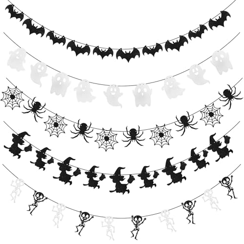 Halloween Bat Spider Ghost Skeleton Witches Glitter Banner Garland Set - 5 Pcs
