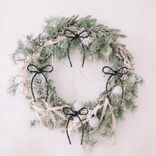 Black Sparkly Glitter Holiday Bows - 6 Pcs 4.3x6 Inch Tree & Gift Decor with Twist Ties