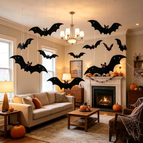 Halloween 3D Hanging Bat Yard Decoration - Large Black Outdoor Decor (12 pcs)
