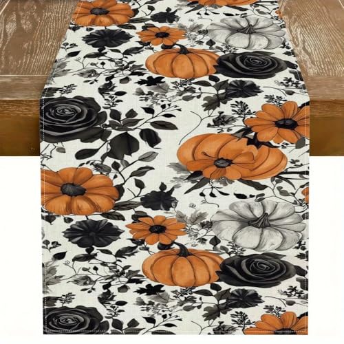 Halloween Black Rose Pumpkin Table Runner 13x72 Inch Linen Decor - Style 01