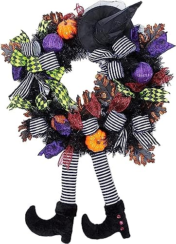 Halloween Wreath with Witch Legs and Black Hat for Front Door - Spooky Halloween Decor