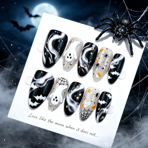 Halloween Press On Nails Medium Almond Spider Web Ghost Set - Multicolor 46