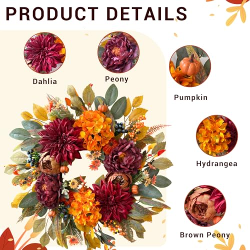 24-Inch Fall Wreath for Front Door - Autumn Decorations, Realistic Artificial Flowers