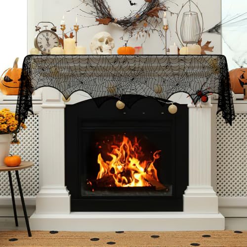 Spidernet Black Lace Spiderweb Fireplace Mantel Scarf - Halloween Decor 96x18 Inch