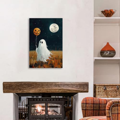 Halloween Ghost Wall Art Canvas - Moon Walk Variation 24x16 Inches