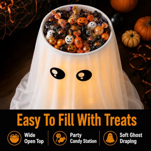 Halloween Candy Bowl Stand with Light-Up Ghost Decor - 32 Inch White, Includes Water Bag