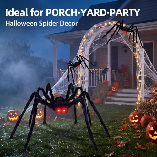 Giant Black Spider Family Set - 8Ft, 5Ft & 3Ft Halloween Decorations with Glowing Eyes
