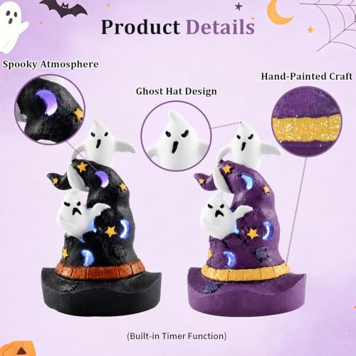Halloween Resin Witch Hat Decor Set with Color-Changing LED Lights - 2 Pieces