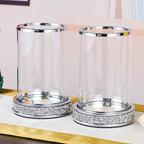 Silver Rhinestone Candle Holder Set of 2 - Elegant Glass & Metal Pillar Candle Holders