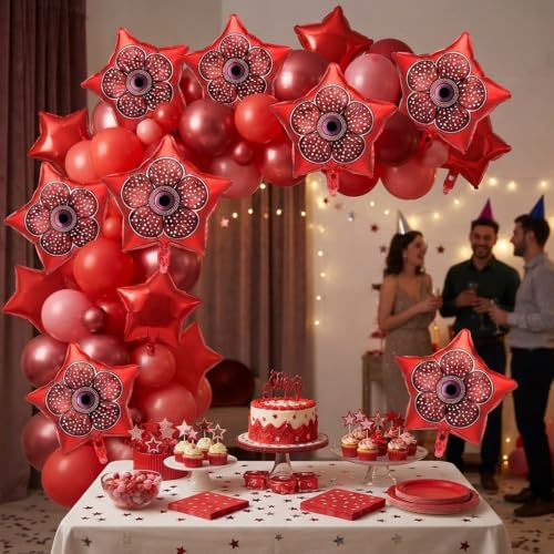 Mystery Theme Party Balloons - Red Flower Foil Balloons Set, 12 Pcs