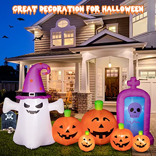 8ft Inflatable Halloween Pumpkin Ghost and Tombstone Outdoor Decor with LEDs