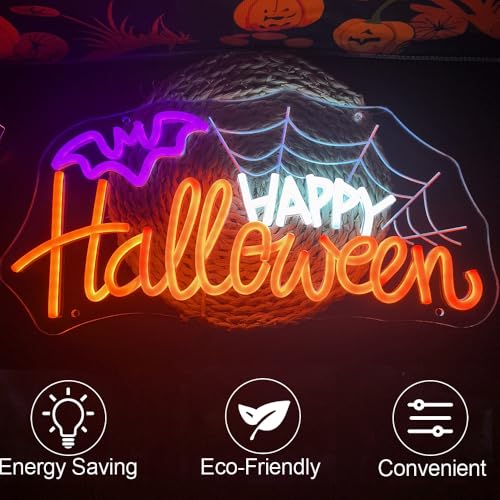 Happy Halloween Neon Sign - USB Powered Dimmable Spider Web Light for Wall Decor - Variation of SD-Happy Halloween