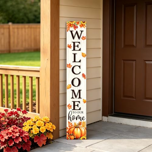 Fall Welcome To Our Home Porch Sign 47 Inches with Pumpkins & Maple Leaves - White Variation