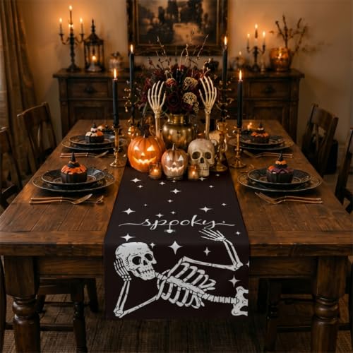 Halloween Skeleton Spider Table Runner 13x72in - Spooky Decor for Parties