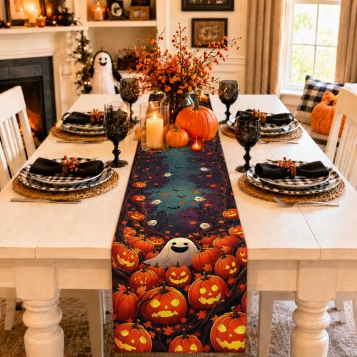 Halloween Table Runner 13x108 Inches with Pumpkins and Ghosts - Fall Decor