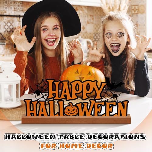 Halloween Metal Table Sign with Wooden Base - 13.78 Inch Halloween Decor - Happy Halloween Sign - Black Letters & Elegant Design - Holiday Centerpiece