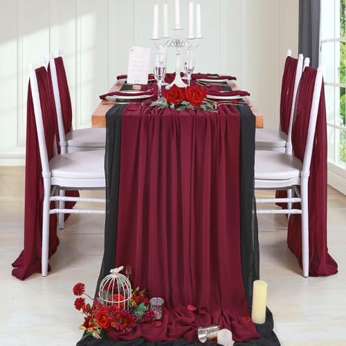 QueenDream Burgundy Chiffon Table Runner 27x120 Inch Long Sheer Wedding & Party Decor - 15 Pieces