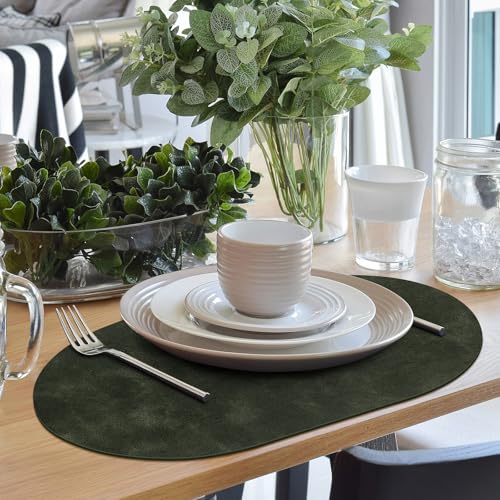 Olive Green Oval Placemats Set of 12 - Waterproof & Heat Resistant Table Mats