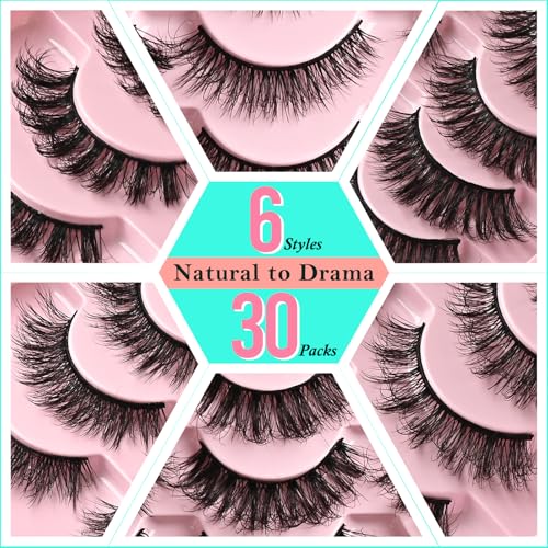 False Eyelash Pack 30 Pairs - 6 Styles Wispy Fluffy Strip Lashes for Daily Use – Natural, Cat Eye & Beginner Friendly