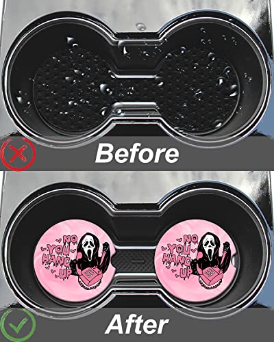 Pink Ghost Car Cup Holder Coaster Set - Halloween & Valentine’s Decor, Cute Ceramic