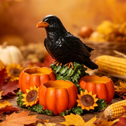 Halloween Raven Candle Holder with 3 Pumpkin Tealight Holders - Crow Candle Decor