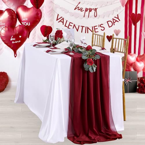 QueenDream Burgundy Chiffon Table Runner 27x120 Inch Long Sheer Wedding & Party Decor - 15 Pieces