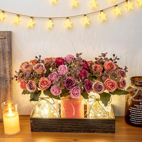 Farmhouse Mason Jar Centerpiece with Pink & Orange Artificial Fall Flowers - Rustic Table Decoration