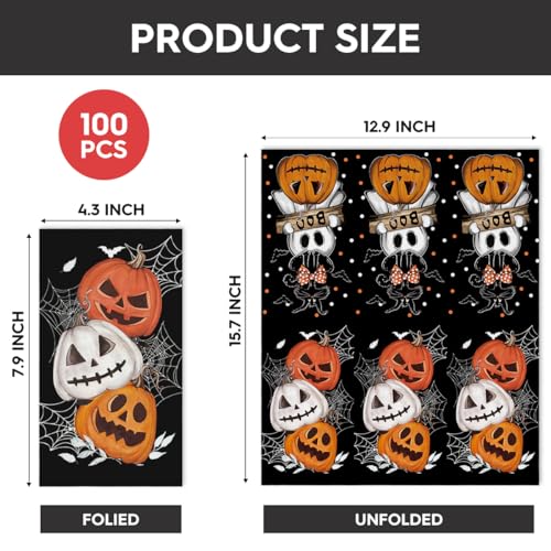 Halloween Paper Napkins 100Pcs Orange Jack-O-Lantern Cobweb 4.3 x 7.9 Inches