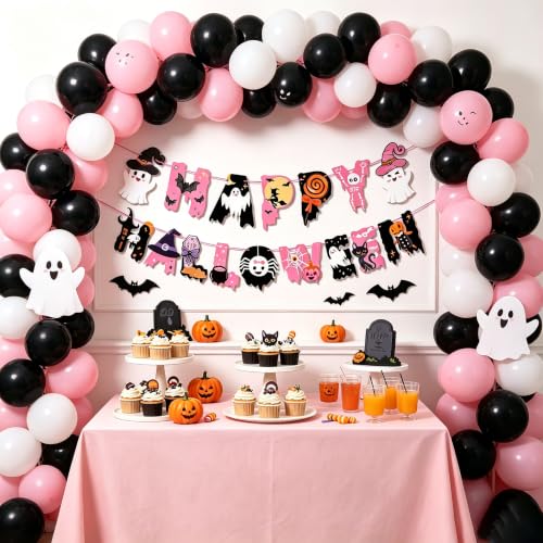 Pink Halloween Banner Set for Party Decorations - Ghost, Pumpkin, Bat, Witch Themes