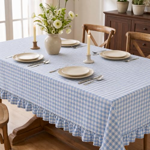 Horaldaily Blue Gingham Ruffled Table Cloth - 60x140 Inch Rectangular Home Decor