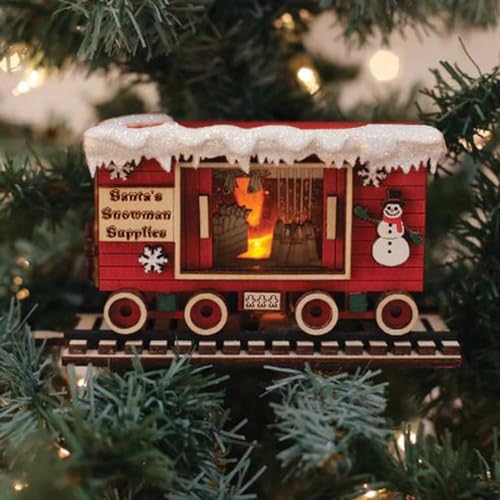 Handcrafted Wooden Christmas Snowman Train Ornament - Holiday Village Decor