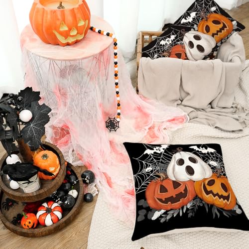 Halloween Pillow Cover 20x20 inch Jack-o'-Lantern Bat Web Farmhouse Decor - Black