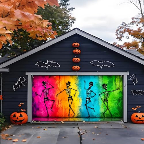 Halloween Garage Door Banner Cover - 7x16 FT Colorful Skeletons & Rainbow Backdrop, Variation 242