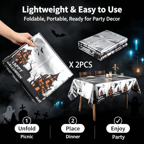 White Halloween Disposable Tablecloth 54x72 Inch with Castle & Ghost Pattern - 2 Pack
